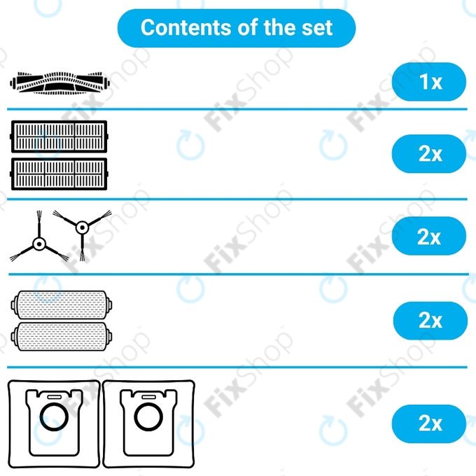 Zestaw części zamiennych do Ecovacs Deebot X11 Pro, X11 (1x Główna szczotka, 2x Filtr, 2x Szczotka boczna, 2x Ściereczka mopująca, 2x Worek na kurz)