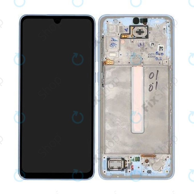Wyświetlacz do Samsung A33 5G A336B, Ekran dotykowy z ramką, GH82-28143C, GH82-28144C, Awesome Blue, Genuine Service Pack