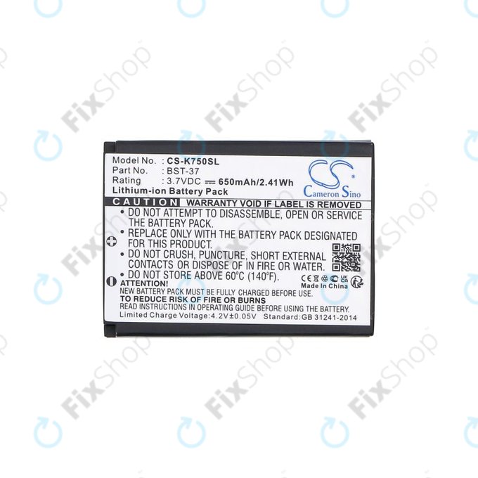 Bateria do Sony Ericsson, 650mAh, Li-Ion, 3.7V, BST-37, HQ