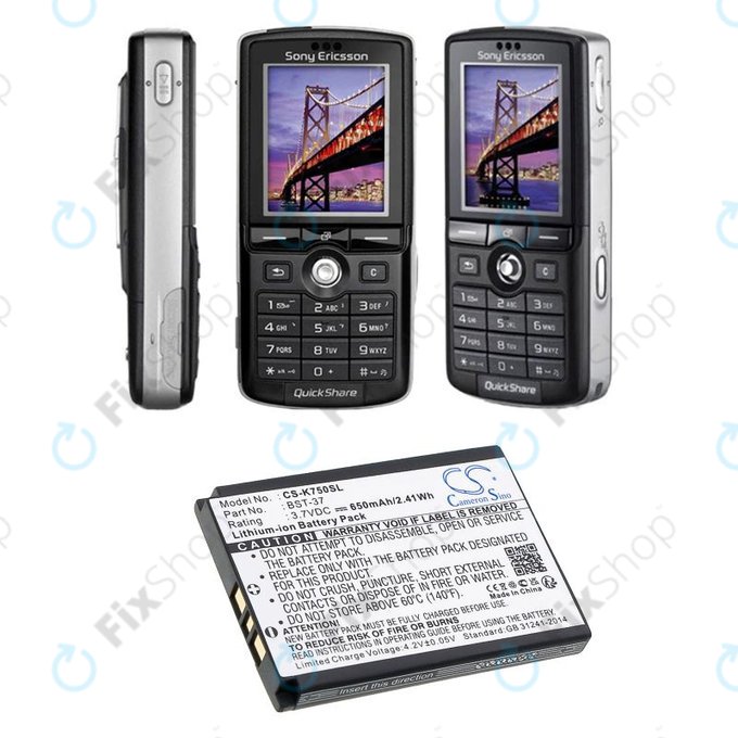 Bateria do Sony Ericsson, 650mAh, Li-Ion, 3.7V, BST-37, HQ