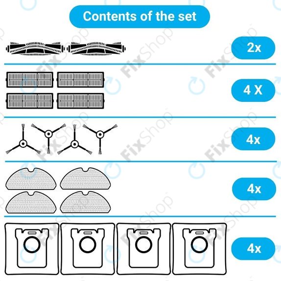Zestaw części zamiennych do Xiaomi Viomi Alpha 2 PRO, V5 PRO, V5 (2x Szczotki główne, 4x Filtry, 4x Szczotki boczne, 4x Ściereczki mopujące, 4x Worki na kurz)