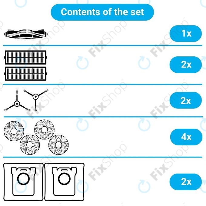 Zestaw części zamiennych do Xiaomi Robot Vacuum X10 (1x Szczotka główna, 2x Filtry, 2x Szczotki boczne, 2x Ściereczki mopujące, 2x Worki na kurz)