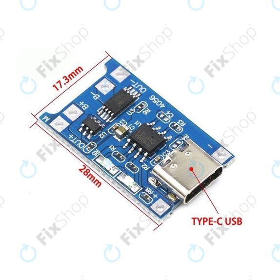 Moduł ładowania TP4056 do akumulatora Li-ion 18650, USB-C, 1 A