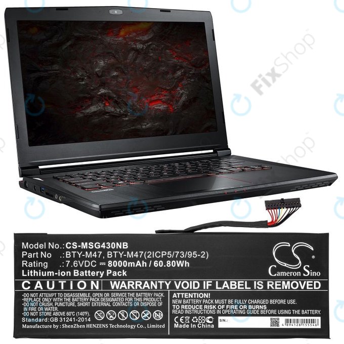 Bateria do MSI GS40, GS43, MS14, 8000mAh, Li-Ion, 7.6V, BTY-M47, HQ