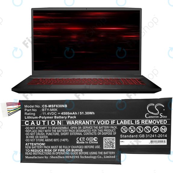 Bateria do MSI GF63, MSI GF75, MSI GS63, 4500mAh, Li-Pol, 11.4V, BTY-M6K, HQ