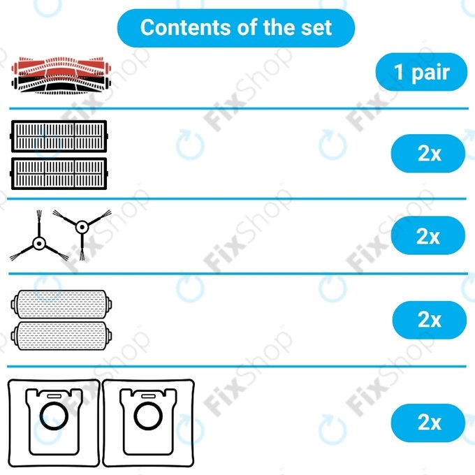 Zestaw części zamiennych do Dreame Aqua 10, 10 Ultra (1 para szczotek głównych, 2x Filtr, 2x Szczotka boczna, 2x Ściereczka mopująca, 2x Worek na kurz)