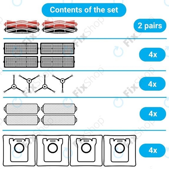 Zestaw części zamiennych do Dreame Aqua 10, 10 Ultra (2 pary szczotek głównych, 4x Filtr, 4x Szczotka boczna, 4x Ściereczka mopująca, 4x Worek na kurz)