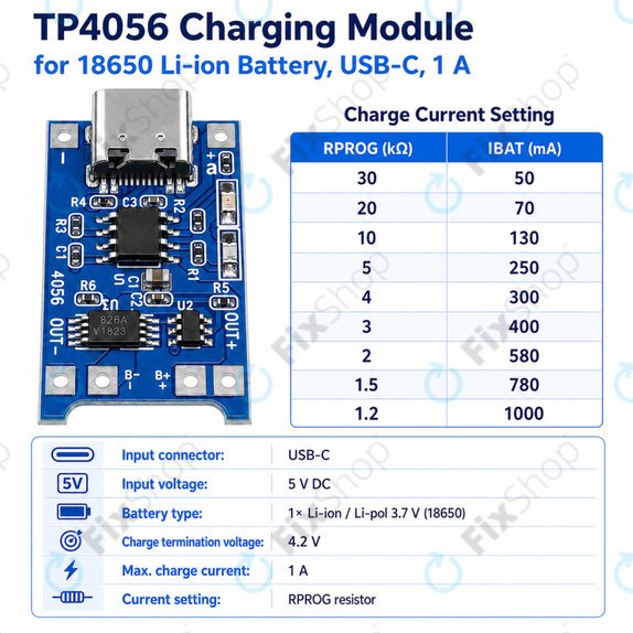 Moduł ładowania TP4056 do akumulatora Li-ion 18650, USB-C, 1 A