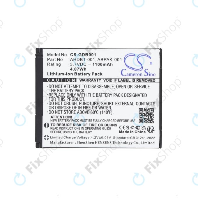 Bateria do GoPro HD Hero, Hero2, 1100mAh, Li-Ion, 3.7V, AHDBT-001, HQ