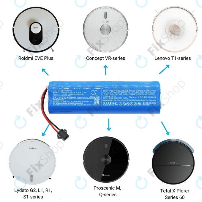 Bateria do Xiaomi EVA, EVE Plus, Viomi S9, Lenovo T1 Pro, Lydsto R1, R1 Pro, S1, S1 Pro, NR18650 M26-4S2P, SUN-INTE-181, H18650CH-4S2P, Li-Ion, 14,4V 6700mAh, HQ