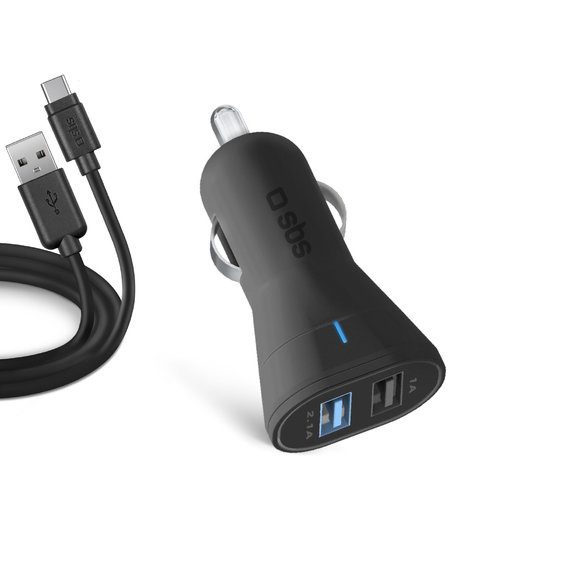 Ładowarka samochodowa 2x USB-A, Kabel USB-A do USB-C, 1m, 2.1A/1A, 12/24V, Czarny, Black, SBS