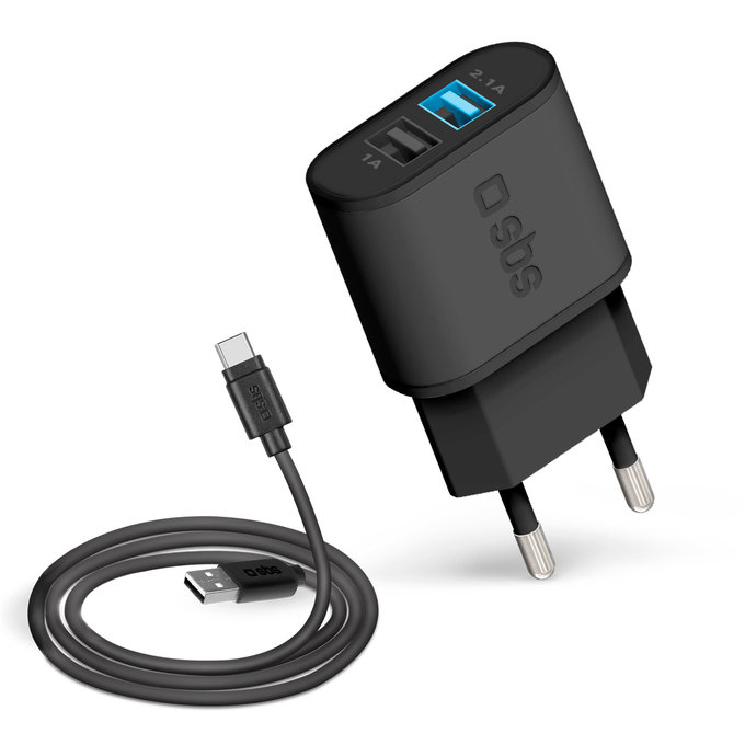 Ladowarka 10W 2x USB i Kabel USB / USB-C, Czarny, Black, SBS