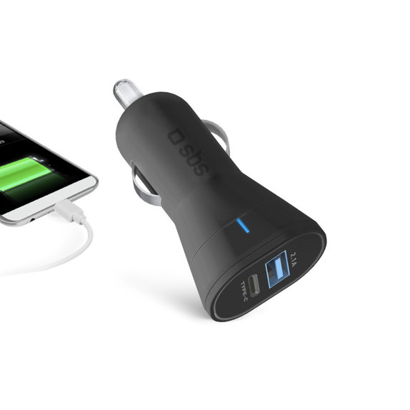 Ładowarka samochodowa USB, USB-C, 2.1A, 3A, Czarny, Black, SBS
