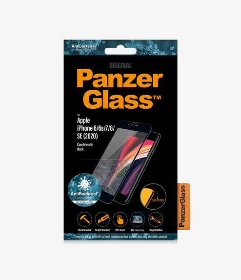 Szklo hartowane do iPhone 6, 6s, 7, 8, SE 2020, SE 2022, Case Friendly AB, Czarny, Black, PanzerGlass