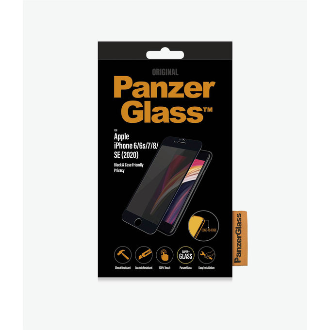 Szklo hartowane do iPhone 6, 6s, 7, 8, SE 2020, SE 2022, Privacy Case Friendly, Czarny, Black, PanzerGlass