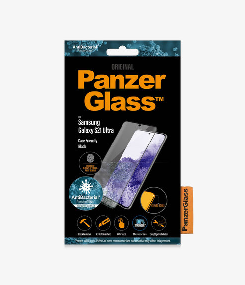 Szklo hartowane do Samsung S21 Ultra, Fingerprint komp., Case Friendly AB, Czarny, Black, PanzerGlass