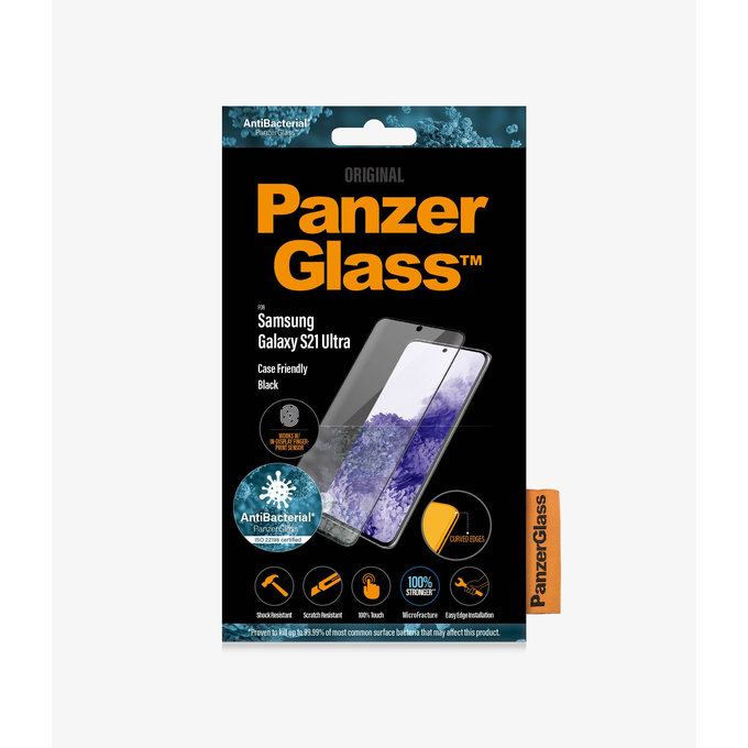 Szklo hartowane do Samsung S21 Ultra, Fingerprint komp., Case Friendly AB, Czarny, Black, PanzerGlass