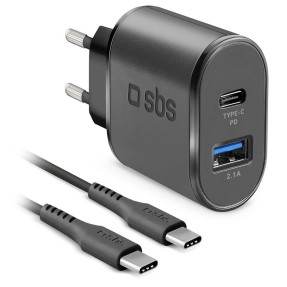 Ladowarka 18W USB, USB-C i Kabel USB-C / USB-C, Czarny, Black, SBS
