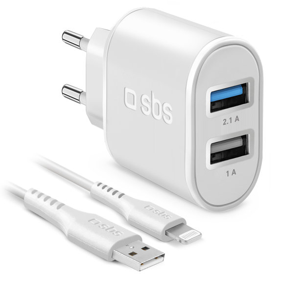 Ladowarka 10W 2x USB i Kabel USB / Lightning, Biały, White, SBS