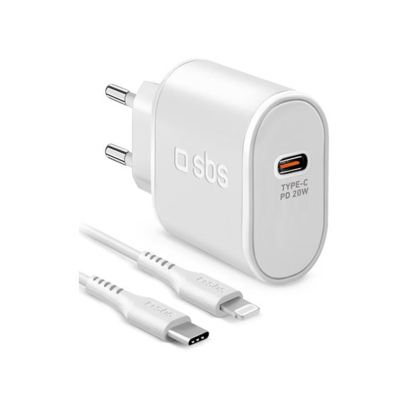 Podróżny adapter ładujący USB-C i kabel Lightning, PD 20W, 1m, Kompatybilny z iPhone, iPad i iPod, Biały, White, SBS
