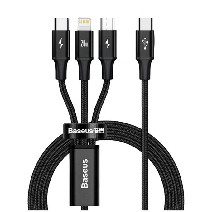 Kabel USB-C 3w1, USB-C, Lightning i Micro-USB, 1,5 m, Czarny, Black