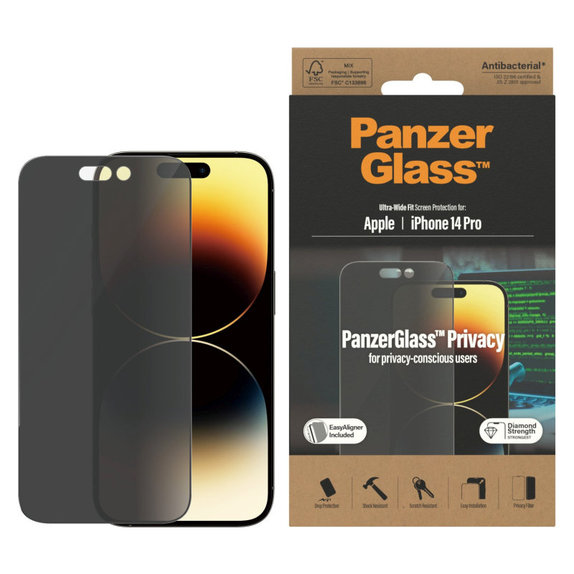 Szkło hartowane UWF Privacy AB z aplikatorem do iPhone 14 Pro, Czarne, PanzerGlass