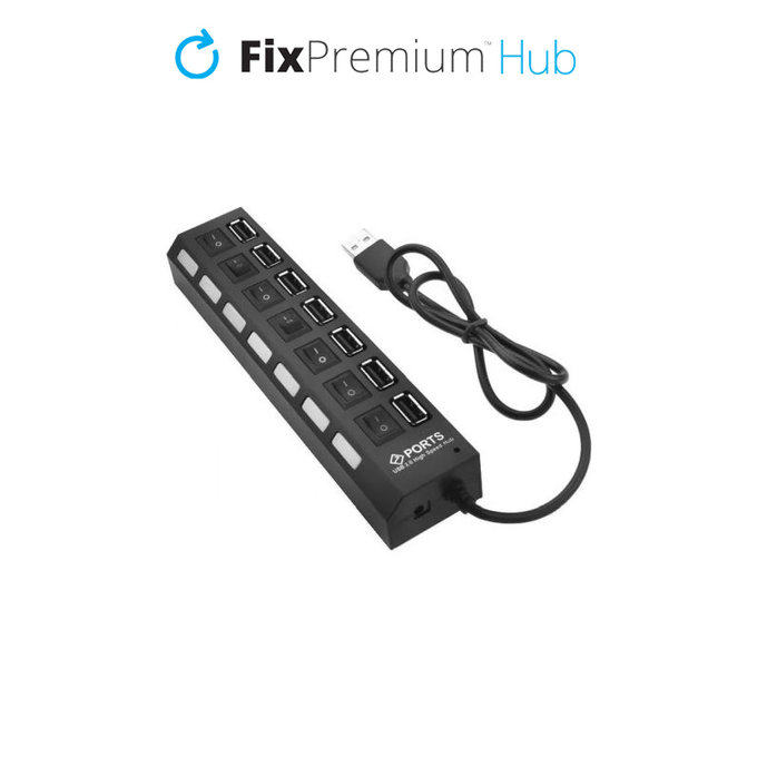 Hub USB z przelacznikiem zasilania dla 7 USB, czarny, black, FixPremium
