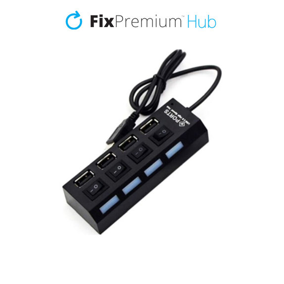 Hub USB z przelacznikiem zasilania dla 4 USB, czarny, black, FixPremium