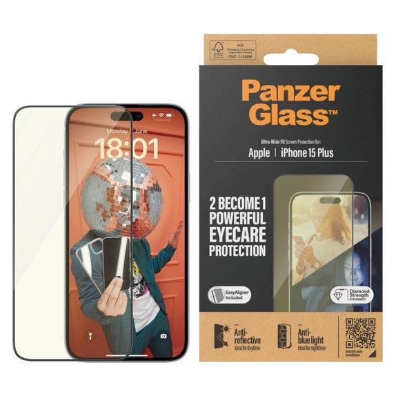 Szkło hartowane UWF Eyecare z aplikatorem do iPhone 15 Plus, Czarne, PanzerGlass