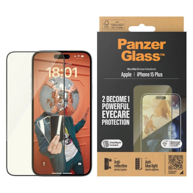 Szkło hartowane UWF Eyecare z aplikatorem do iPhone 15 Plus, Czarne, PanzerGlass