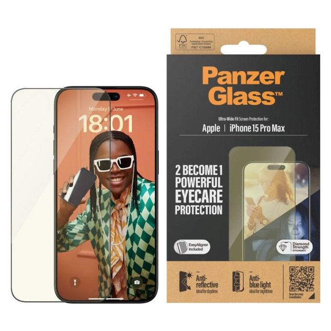 Szkło hartowane UWF Eyecare z aplikatorem do iPhone 15 Pro Max, Czarne, PanzerGlass