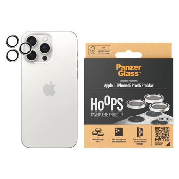 Osłona obiektywu aparatu Hoops do iPhone 15 Pro/15 Pro Max, White Metal, PanzerGlass