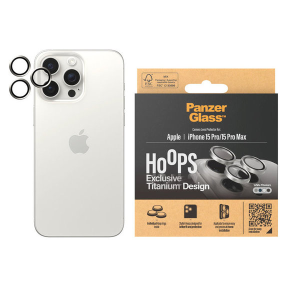 Osłona obiektywu aparatu Hoops do iPhone 15 Pro/15 Pro Max, White Titanium, PanzerGlass
