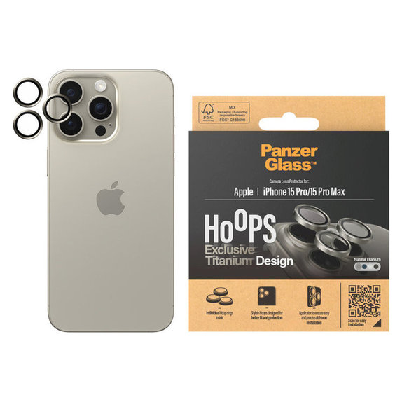 Osłona obiektywu aparatu Hoops do iPhone 15 Pro/15 Pro Max, Natural Titanium, PanzerGlass