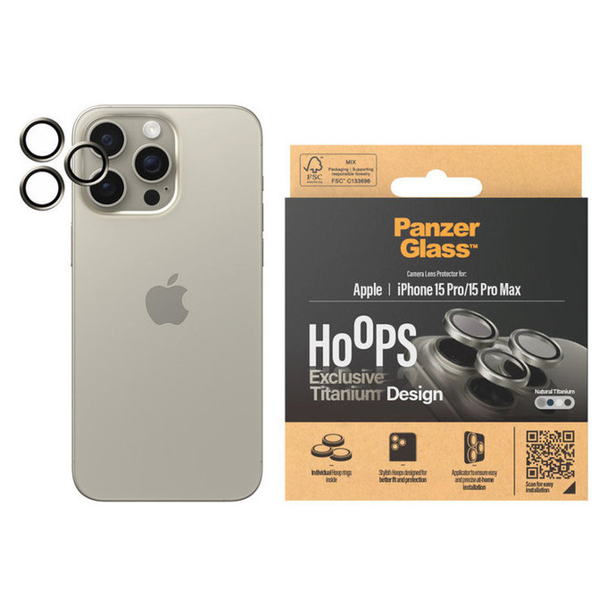 Osłona obiektywu aparatu Hoops do iPhone 15 Pro/15 Pro Max, Natural Titanium, PanzerGlass