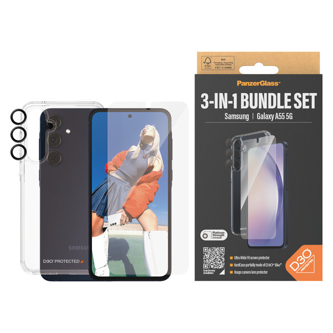 Bundle Hoops + Szkło hartowane UWF + Hard Case D3O do Samsung Galaxy A55 5G, PanzerGlass