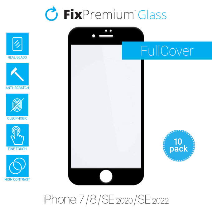 Szkło hartowane do iPhone 7, 8, SE 2020, SE 2022 (10 Pack), FullCover Glass, FixPremium