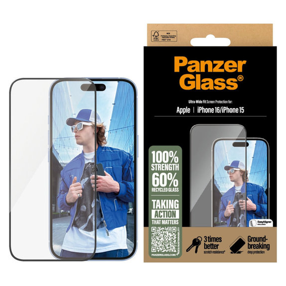 Szkło hartowane UWF z aplikatorem do iPhone 16/15, Czarne, PanzerGlass