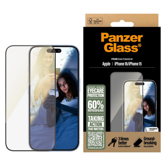 Szkło hartowane UWF Eyecare z aplikatorem do iPhone 16/15, Czarne, PanzerGlass