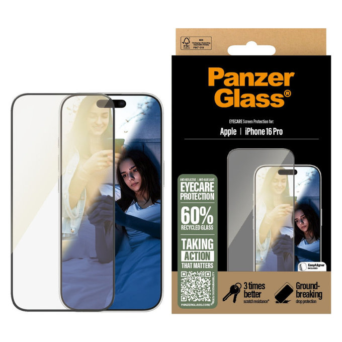 Szkło hartowane UWF Eyecare z aplikatorem do iPhone 16 Pro, Czarne, PanzerGlass