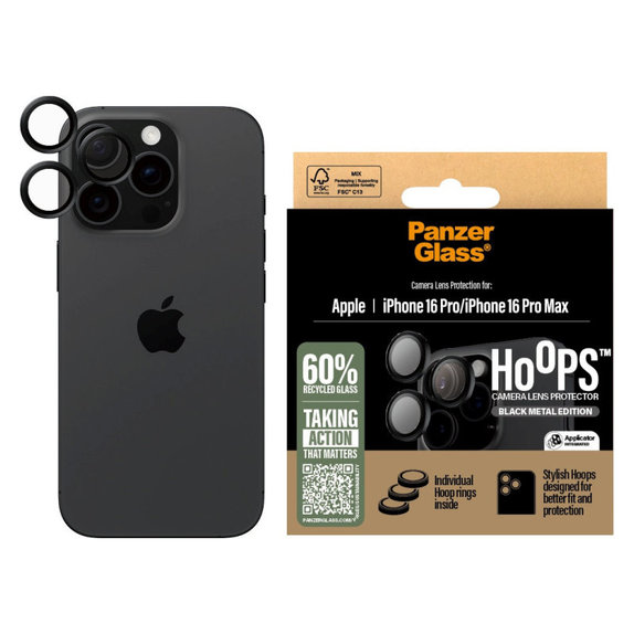 Pierścienie ochronne obiektywu kamery Hoops do iPhone 16 Pro Max/16 Pro, Czarny, PanzerGlass