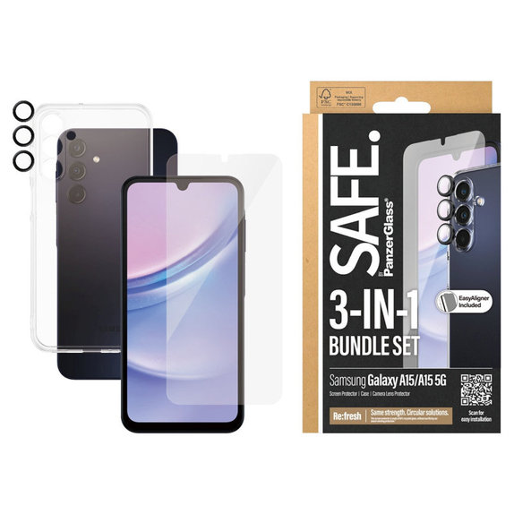 Bundle osłona obiektywu aparatu + szkło hartowane UWF + etui TPU do Samsung A15 5G, SAFE