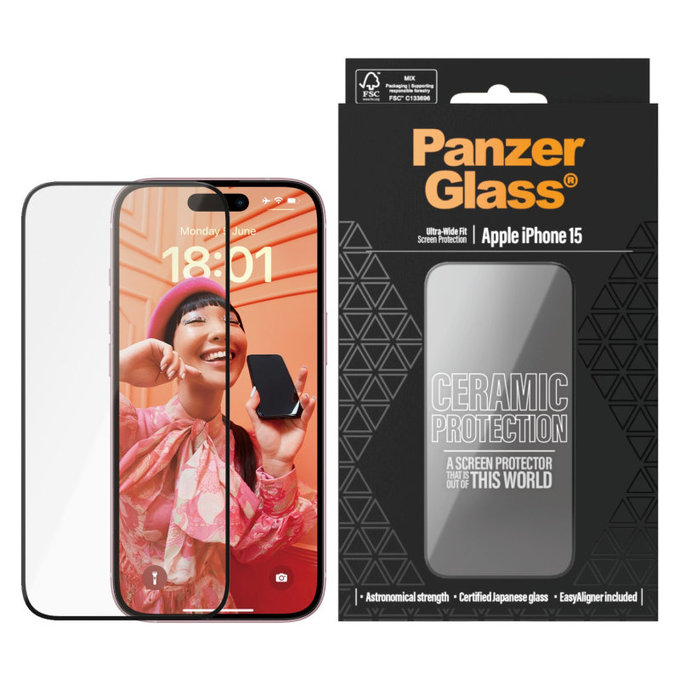 Szkło hartowane UWF Ceramic z aplikatorem do iPhone 15, Czarne, PanzerGlass