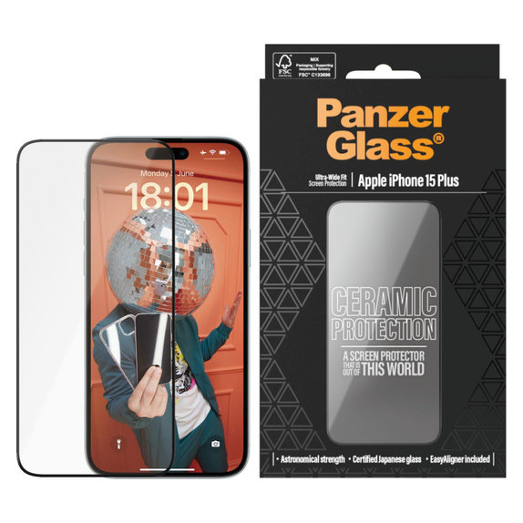 Szkło hartowane UWF Ceramic z aplikatorem do iPhone 15 Plus, Czarne, PanzerGlass