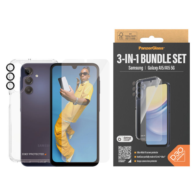 Bundle Hoops + Szkło hartowane UWF + Hard Case D3O do Samsung Galaxy A15/A15 5G, PanzerGlass