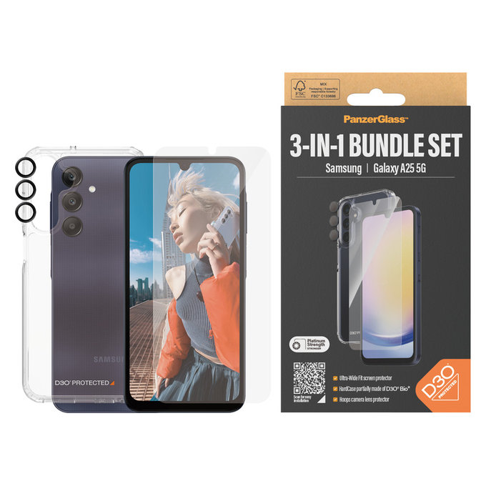 Bundle Hoops + Szkło hartowane UWF + Hard Case D3O do Samsung Galaxy A25 5G, Przezroczyste, PanzerGlass