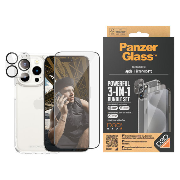 Bundle PicturePerfect + Szkło hartowane UWF + Hard Case D3O do iPhone 15 Pro, PanzerGlass