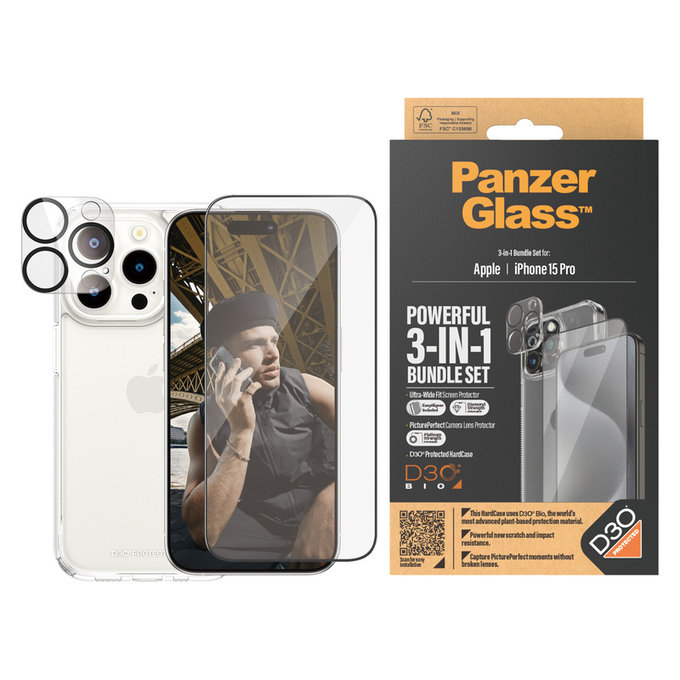 Bundle PicturePerfect + Szkło hartowane UWF + Hard Case D3O do iPhone 15 Pro, PanzerGlass