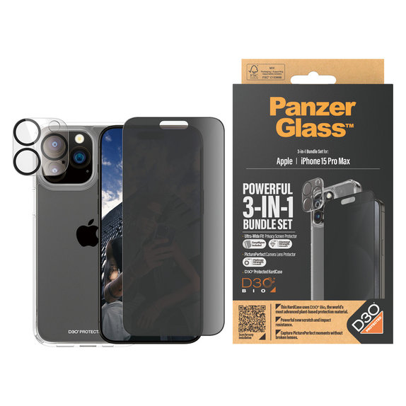 Bundle PicturePerfect + Szkło hartowane UWF Privacy + Hard Case D3O do iPhone 15 Pro Max, PanzerGlass