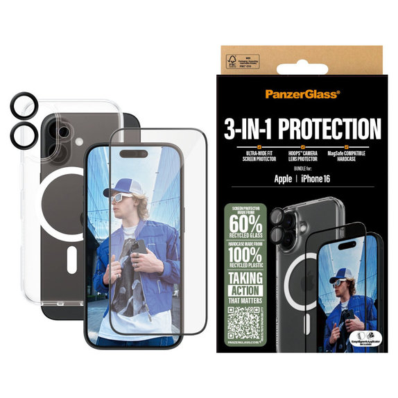 Bundle 3w1 Hoops + Szkło hartowane UWF + Hard Case do iPhone 16, PanzerGlass